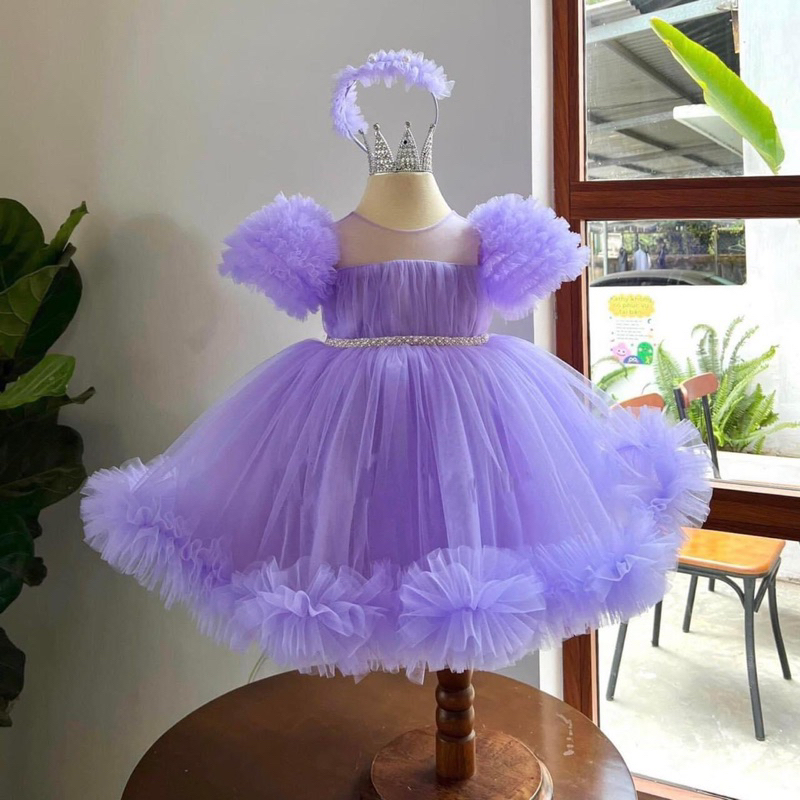 Đầm công chúa bé gái,váy công chúa tay bồng màu tím cực xinh cho bé kèm bờmD73