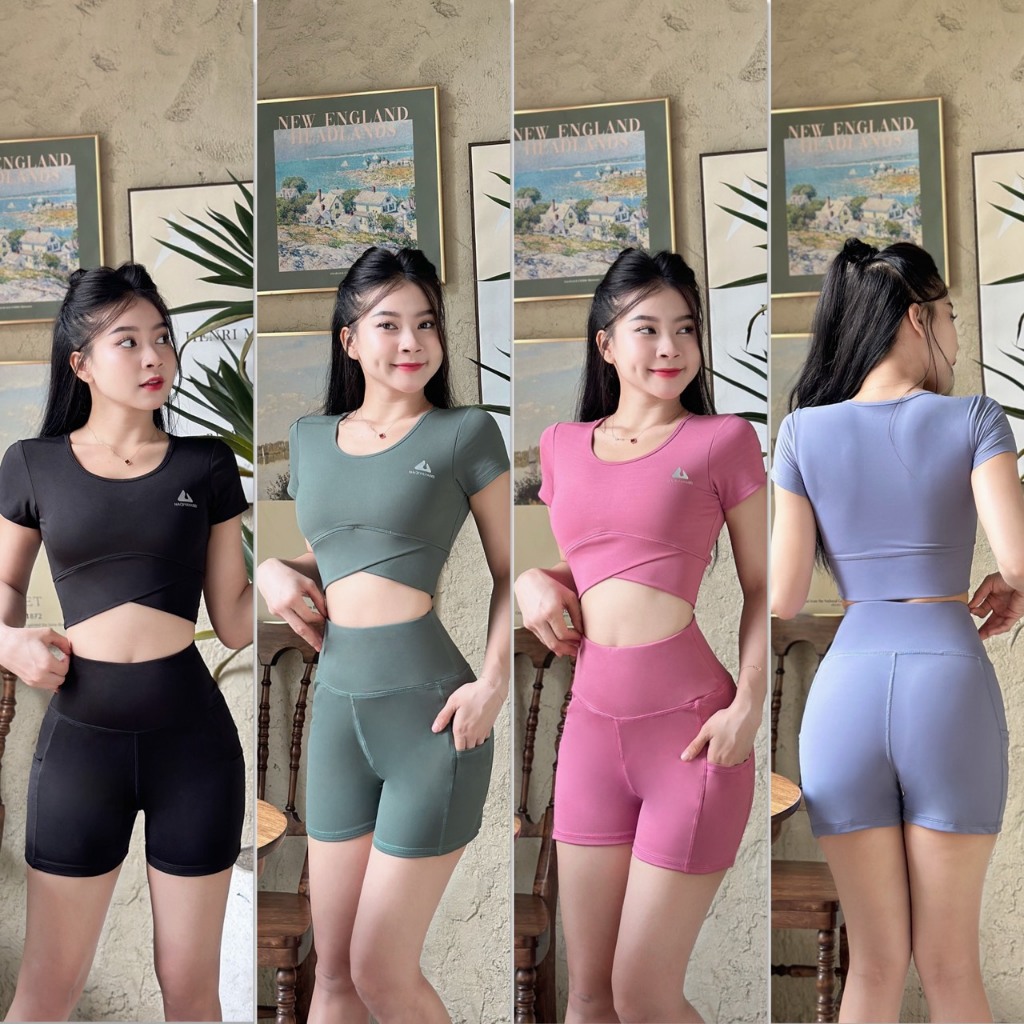 Bộ tập gym nữ, đồ tập yoga erobic nữ áo croptop có mút quần đùi có túi chất liệu co giãn thấm hút tốt-(Ng01/Ng02))