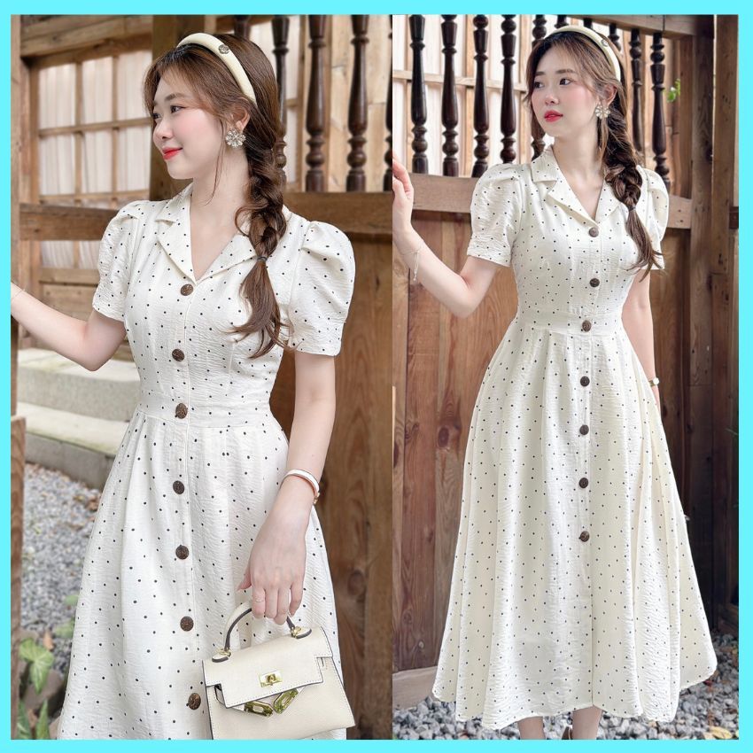 Váy nữ cổ Vest họa tiết chấm bi thanh lịch - XU XU SHOP - Đầm nữ dáng dài phong cách nàng thơ - ẢNH THẬT