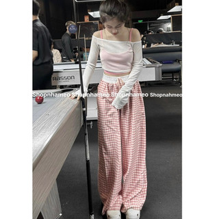  SÉT 3 MÓN áo crop trắng tay dài kèm áo crt hồng cổ yếm mix quần suông caro hồng có ảnh thật hàng loại 1 