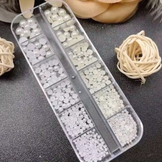 Khay ngọc trai nửa hạt, hạt trai nhân tạo khay 12 ô mix size trang trí móng nail thao nhi