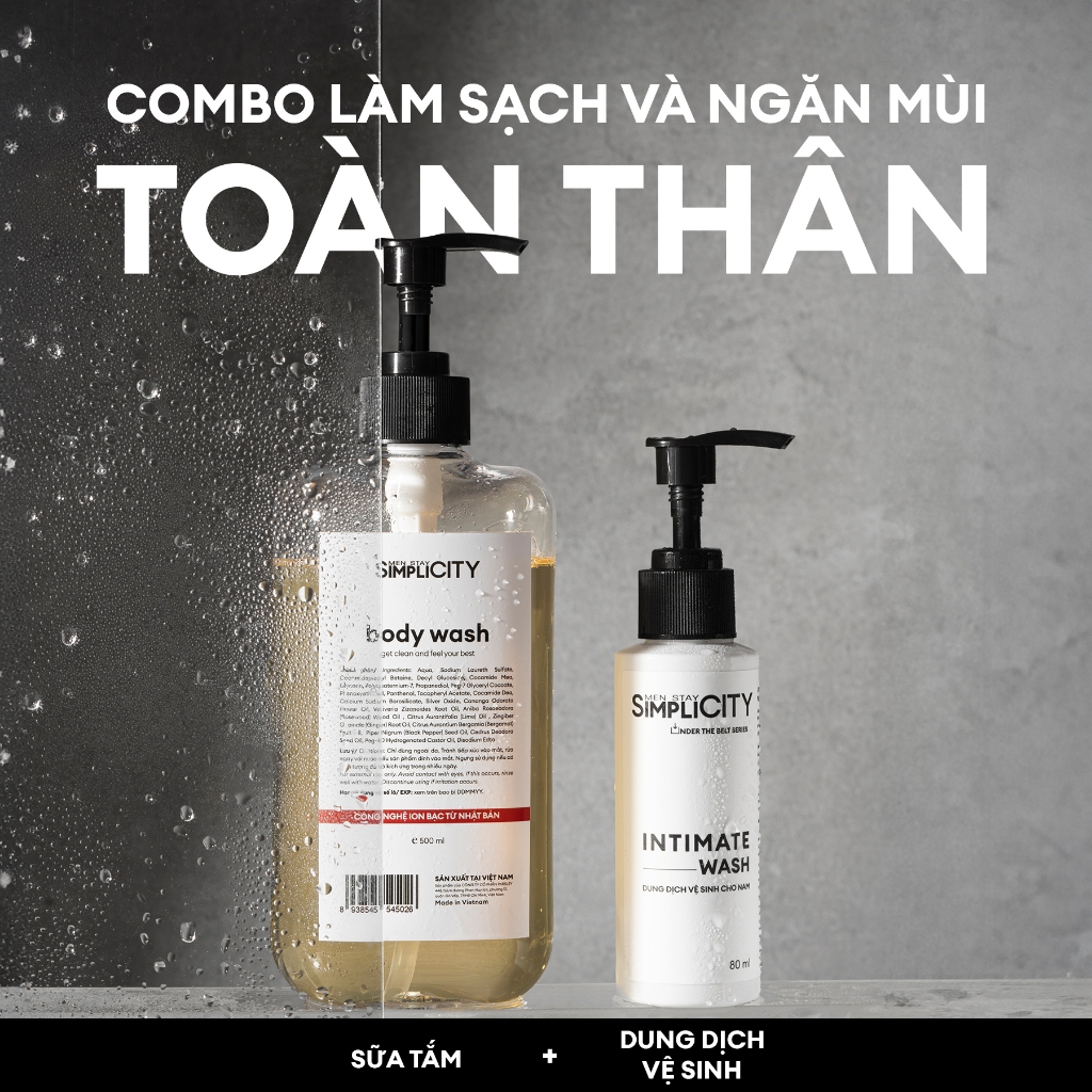 Bộ sản phẩm tắm sạch toàn thân cho nam: Sữa tắm 500ml và Dung dịch vệ sinh nam 80ml Men Stay Simplicity