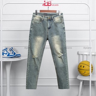 Quần Jean Nam Lb, Vải Jean Denim Co Giãn, Màu Xanh Sáng Trơn Thời Trang , Phom Slim, Chiều Dài quần 92cm