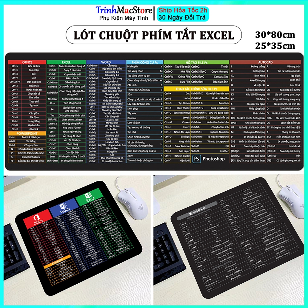 Lót Chuột Phím Tắt Văn Phòng Excel Tiếng Việt, Pad Chuột Cỡ Lớn 30*80, Phím Tắt Word, Excel, Office 