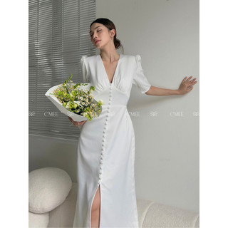   C'MEE  Đầm lụa gân cổ V xẻ ngực sâu Aelita Midi Dress 