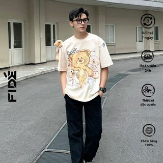 Áo thun FIE TEEDY phông cotton unisex nam nữ form rộng cổ tròn ulzzang áo đính gấu