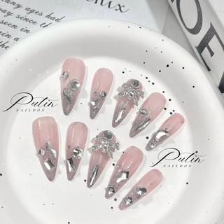 Nailbox thiết kế sơn gel hồng mix nhũ flash đính đá sang chảnh form nhọn cá tính - putin nailbox