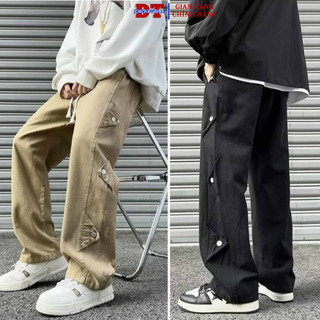 Quần Kaki Ống Rộng Dáng Suông Kaki Nam Nữ Phối 6 Nút Sườn Ulzzang Hiphop Unisex Phong Cách Jogger Đường Phố - DTB