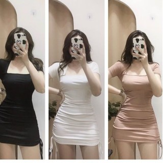 Váy cổ vuông dây rút sườn ngắn tay