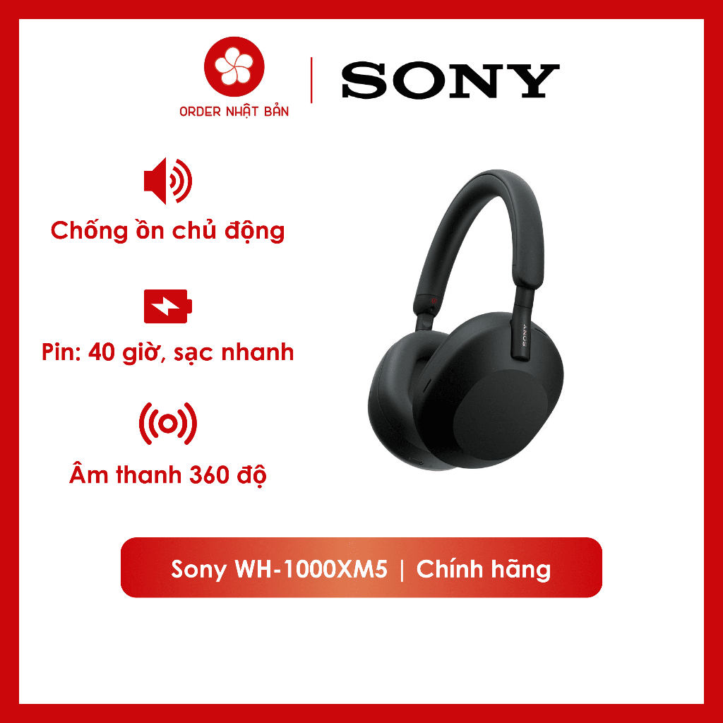 [Ảnh thật] Tai nghe Bluetooth chụp tai Sony WH-1000XM5, Khử tiếng ồn dựa theo môi trường, 360 Audio, Pin 40 tiếng