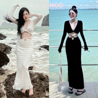 Set đi biển 2M siêu hot chất len ren qc áo tay dài xoắn ngực có mút + chân váy đuôi cá dây thắt eo siêu tôn dáng gợi cảm