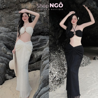 Set đi biển 2M BIKINI thiết kế CHUẨN cao cấp  áo bra  gài khoen CÓ MÚT cột dây cổ yếm phối chân váy dài tôn dáng gợi cảm