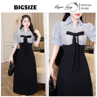 Váy bigsize nữ buộc nơ đen cổ bẻ tay lửng thân dưới đen thân trên kẻ sọc chất tuyết mưa đi chơi đi học Huyền LucyBigsize