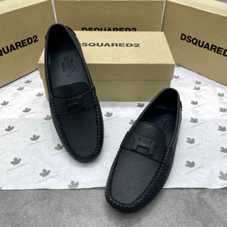 Giày lười moca nam HM da Pu đen trơn sần quai đai tag logo chữ H đế cao su hạt âm sang trọng GS113P