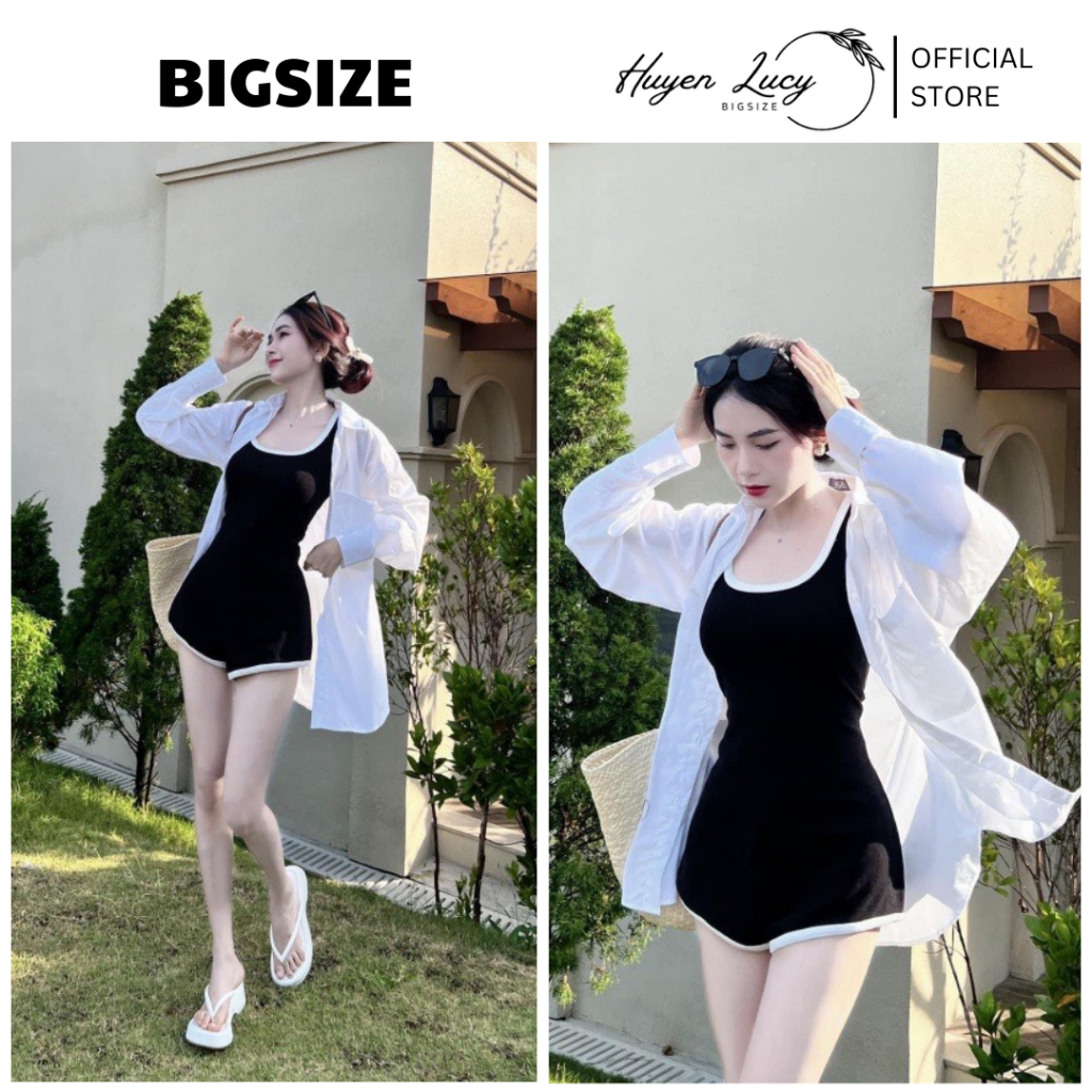 Jumpsuit nữ bigsize BIKINI đi biển màu đen phối viền cổ vuông vải tăm hàn co giãn siêu mát hot trend Huyền Lucy Bigsize