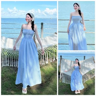 Đầm Váy Nữ Dáng Dài Cúp Ngực Xòe Sọc Caro Tone Màu Xanh Nhẹ Nhàng Diện Đi Biển, Hẹn Hò Siêu Xinh