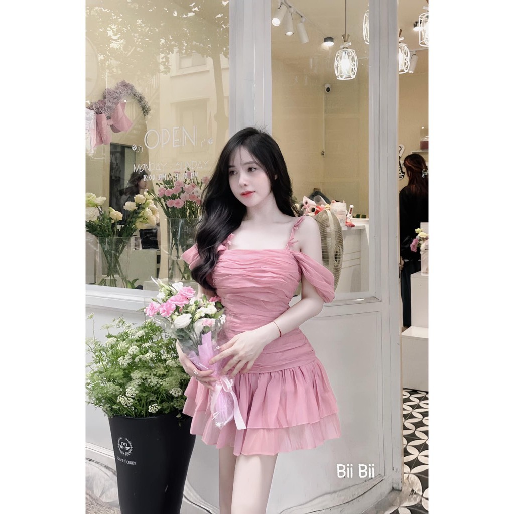 [Sẵn mút ngực] Đầm babydoll tiểu thư nhún eo dáng ngắn xoè đính nơ bánh bèo kèm quần chất tơ xốp HV240 | BigBuy360 - bigbuy360.vn