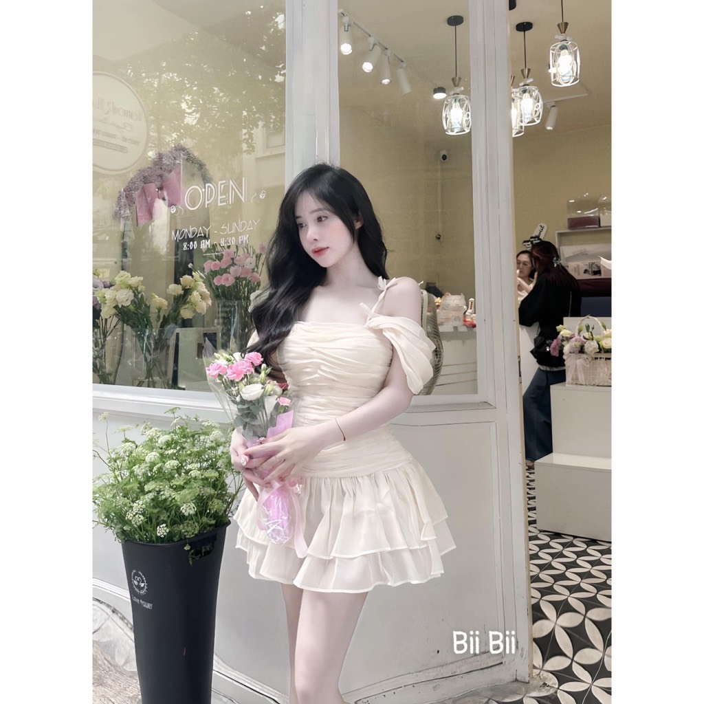 [Sẵn mút ngực] Đầm babydoll tiểu thư nhún eo dáng ngắn xoè đính nơ bánh bèo kèm quần chất tơ xốp HV240 | BigBuy360 - bigbuy360.vn
