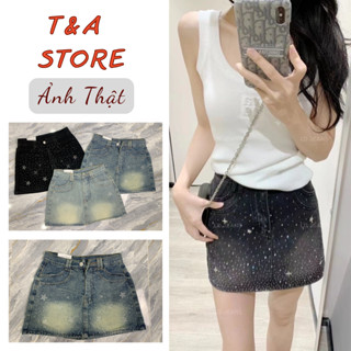 Chân váy jean ngắn đính đá ngôi sao cao cấp, chân váy ngắn dáng chữ S chất jeans có quần trong 3 màu cho nàng