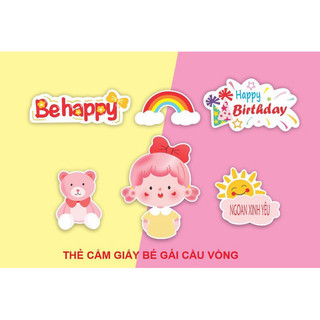 Thẻ cắm giấy bé gái và cầu vồng trang trí bánh
