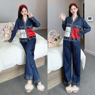 Đồ bộ nữ mặc nhà ANH MỸ pijama chất liệu lụa xước ánh kim thiết kế cổ chữ Y tay dài quần dài official.anhmy