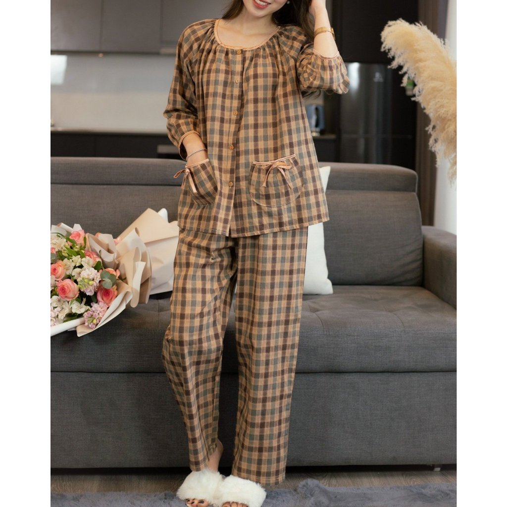 Đồ bộ pijama nhà Lila dài tay áo quần có túi kẻ caro cao cấp mềm mịn, mát khi mặc
