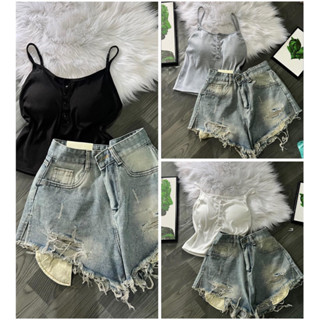 Set 2 món quần Sooc Jean Hở Túi Kèm Áo 2 Dây Có Đệm Ngực