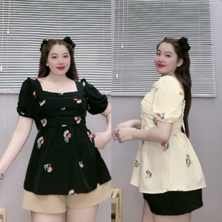 Bộ Đồ Quần Áo Thời Trang Bigsize Nữ Thiết Kế Nhún Trước Cổ Vuông Tay Bồng Cách Điệu SET55