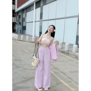 SET ÁO ỐNG CÚP REN DÂY YẾM + ÁO SƠMI SỌC KÈM QUẦN ỐNG RỘNG