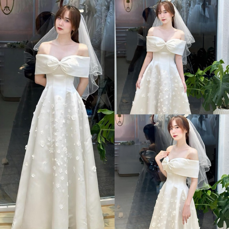 Váy cô dâu đi bàn cô dâu lilystore đầm xoè cúp ngực đính hoa + trễ vai nơ siêu xinh ( hàng có sẵn) full size s/m/l/xl 