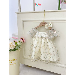 Set váy công chúa voan thêu hoa tặng kèm kẹp tóc cho bé gái Flora