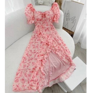 Váy maxi hoa hồng xẻ tà