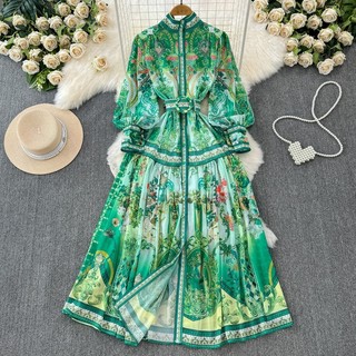 #2214 [Order] Đầm Quảng Châu phong cách retro tay dài cổ chân có lớp lót trong dáng suông kèm thắt lưng cao cấp đủ size