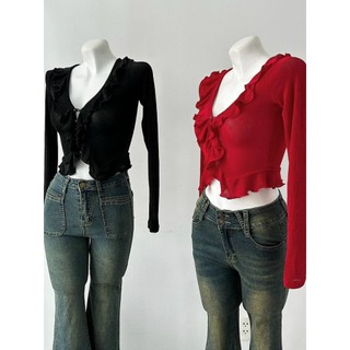 Áo thun TD Túi Zip Cổ V Bèo + Nút Ngọc Tay Siêu Dài - Chất Thun Nhũ Lụa - Nữ