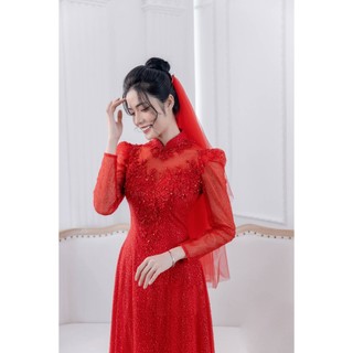 Áo dài dâu màu đỏ truyền thống cho cô dâu mặc lễ đám hỏi cực kỳ cao cấp áo dài thảo ny bridal mã ad111