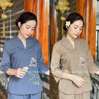Set xô tici nút ngọc thêu sen đồ lam đi chùa phật tử