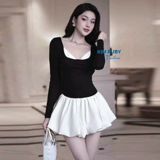 Đầm baby có quần trong tà kiểu bí phồng tay dài khoá kéo sau lưng Kim Ruby Fashion chất thun tăm phối lụa