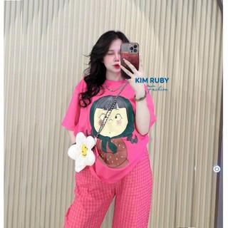 Set bộ nữ ngắn tay quần dài carô hình cô gái Kim Ruby Fashion chất thun cotton