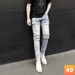 Quần jeans nam màu xanh nhạt trơn rách gối chất liệu bò jean cao cấp co dãn 4 chiều đẹp form rin skinny LAVADO99 mẫu mới