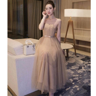 JENNYCLOSET ®  Đầm thiết kế cúp ngực phối lưới tiểu thư cao cấp , Váy nơ eo dáng dài sang chảnh mặc đi dự tiệc
