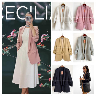 Áo blazer nữ CECILIA Design - thiết kế ESTELLE [TAY LỠ NHÚN, CỔ SAM] khoác 2 lớp vạt tròn có đệm vai, dài 72cm nhiều màu