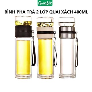 Bình Pha Trà Thủy Tinh 2 Lớp 400ML Chịu Nhiệt có Lõi Lọc Inox 304 Kèm Quai Xách Tiện Lợi
