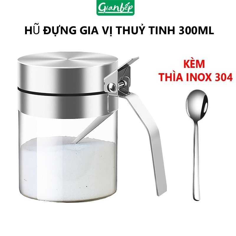 Lọ Đựng Gia Vị Thủy Tinh Nắp Tay Cầm kèm Thìa Muỗng Inox 304 Cao Cấp, Hũ Gia Vị có Nắp Bật Đậy Kín Chống Ẩm Thông Minh