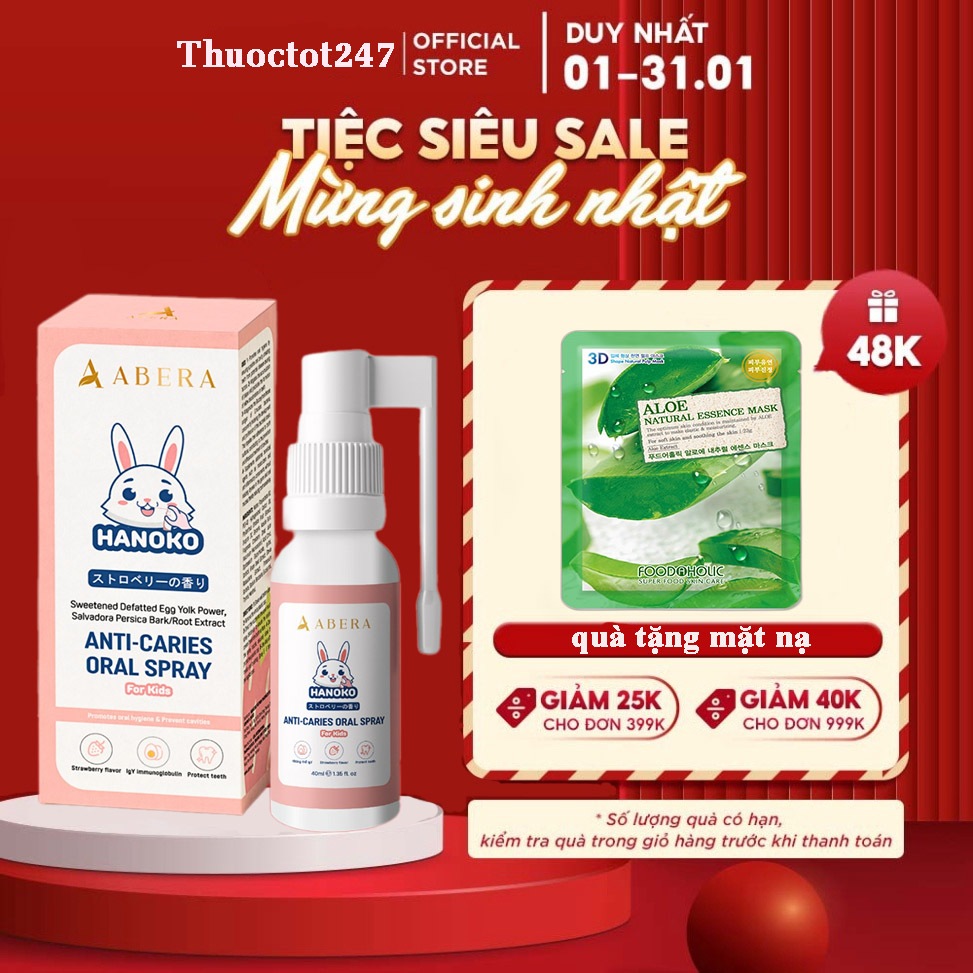 Xịt ngừa sâu răng cho bé Hanoko Abera 40ml, Phá vỡ cấu trúc mảng bám, đánh bay hôi miệng, vàng răng