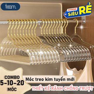 Combo 10 móc treo quần áo trong suốt, mắc quần áo kim tuyến chống trượt đầu móc xoay 360 độ đa năng