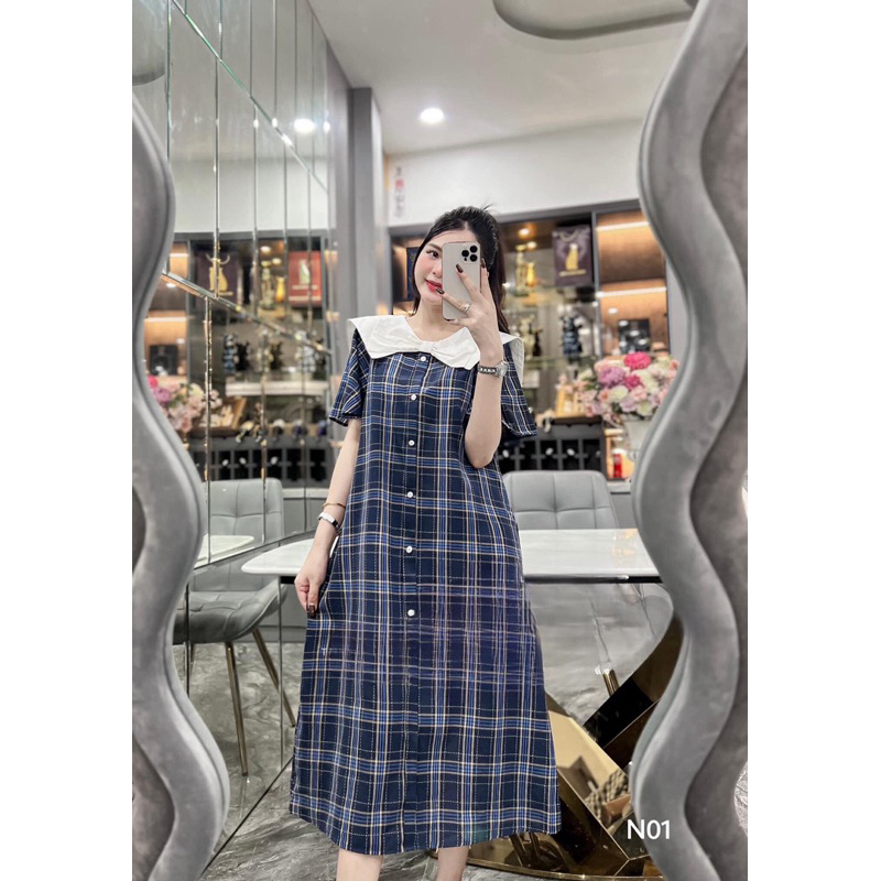 Váy kẻ cổ nơ sm