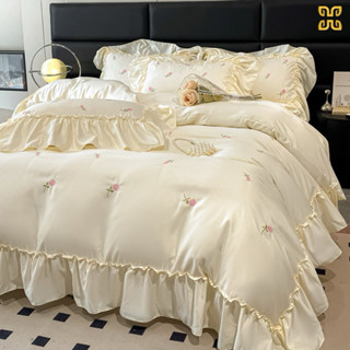 BỘ CHĂN GA GỐI PHI LỤA THÊU HOA HỒNG XEPPS LY VIỀN BÈO TIỂU THƯ XINH XẮN