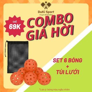 Set 6 Bóng pickleball Duki Sport 2 loại trong nhà & ngoài trời tặng kèm túi lưới đựng bóng chắc chắn