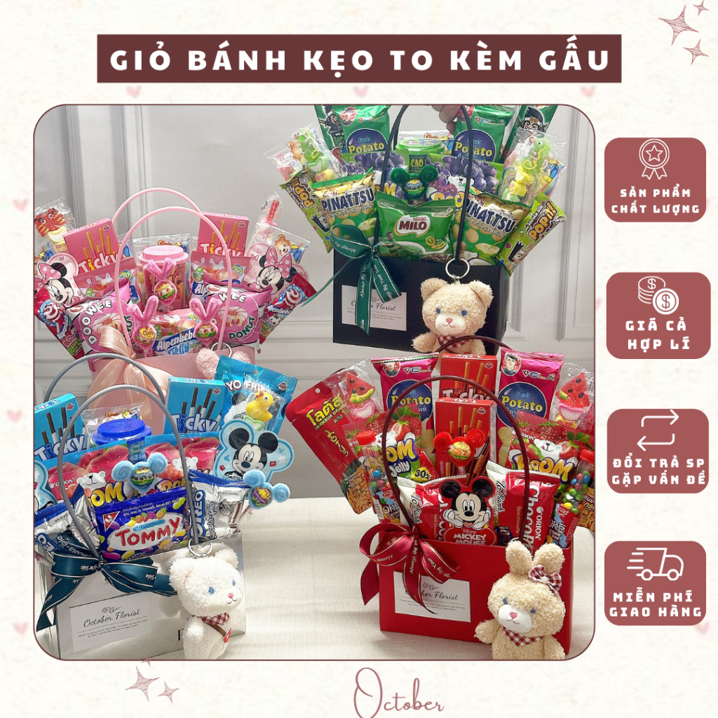 [GIỎ QUÀ GẤU. HỎA TỐC] Giỏ Bánh Kẹo Theo Tone Màu Cỡ Lớn Móc Gấu Bông. Quà Cho Bé. Sinh Nhật.Tốt Nghiệp