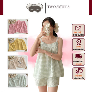 Set hai dây mặc nhà TWOSISTERS, bộ ngủ 2 dây chất đũi xốp kẻ caro cực dễ thương M17